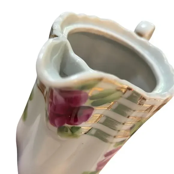 Vintage Hand Painted coffee tea pot & lid white porcelain pink & red roses